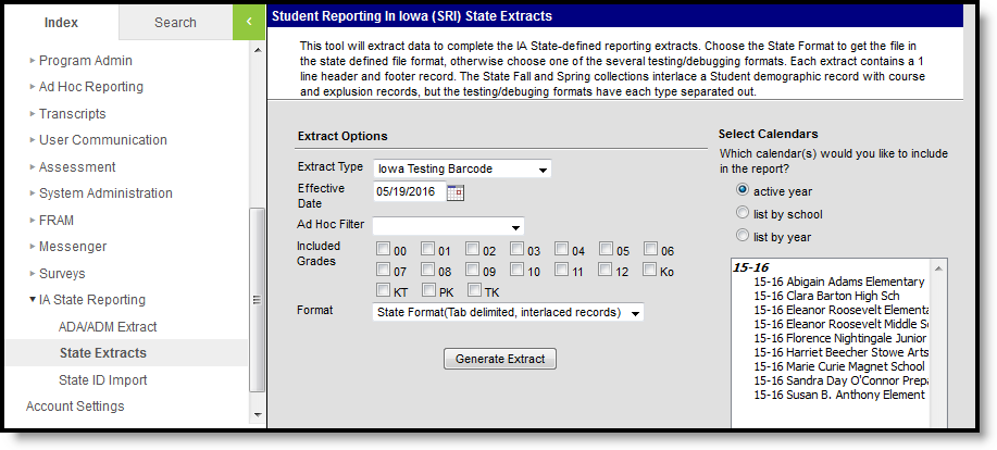Screenshot of Iowa State Extracts tool with Iowa Testing Barcode extract type selected.