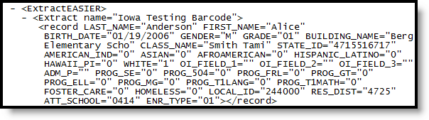 Screenshot of Iowa Testing Barcode Extract generated in XML format.