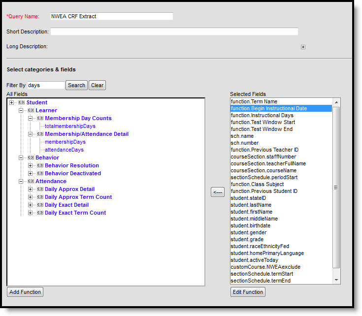 Screenshot of sample Ad hoc Filter Query sample