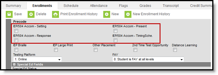 Screenshot of an example of the IEP/504 enrollment section of the report. 