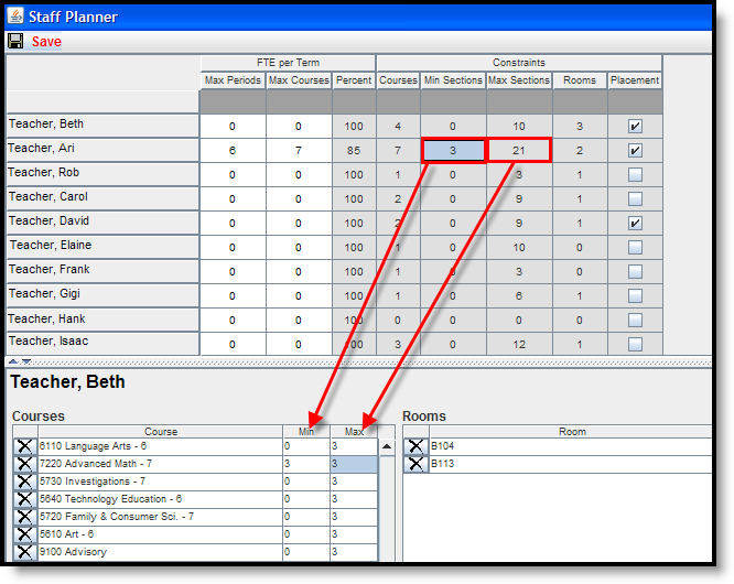 Screenshot of adding courses to the staff planner. 
