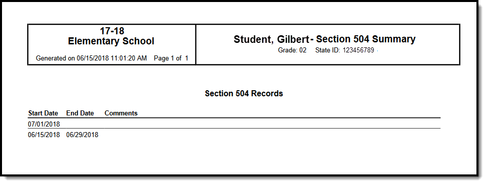 Screenshot of Section 504 Print Summary Report