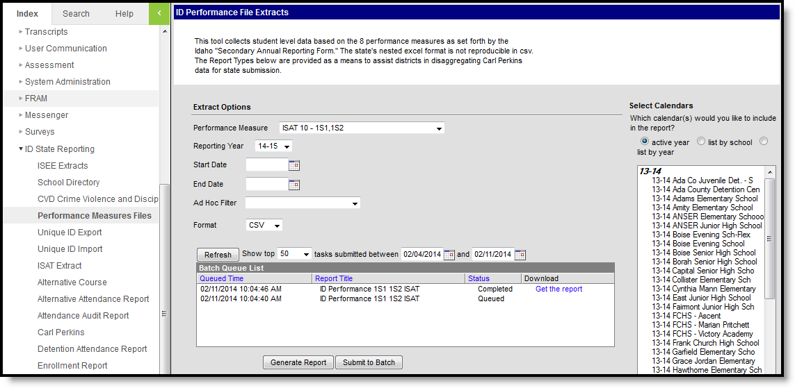 Screenshot of the Performance Measure Files extract editor.