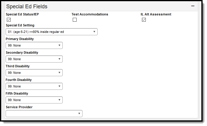 Screenshot of Special Ed fields found in the Enrollment Editor.