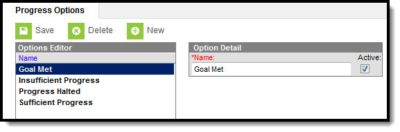 Screenshot of the Special Ed Progress Options tool.