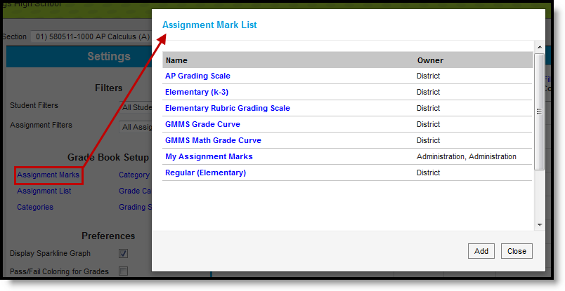 Screenshot of the list of assignment marks accessed from the Grade Book Settings menu. 