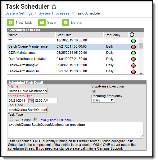 Screenshot of the Task Scheduler tool, located at System Settings, System Processes.