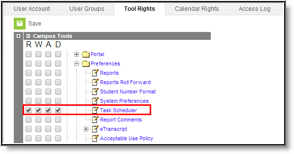 Screenshot of the Task Scheduler tool rights. 