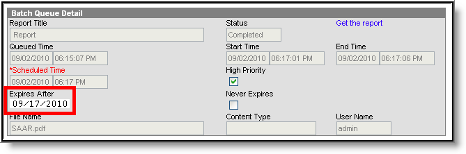 Screenshot of the Expires After field on the Batch Queue Detail editor. 