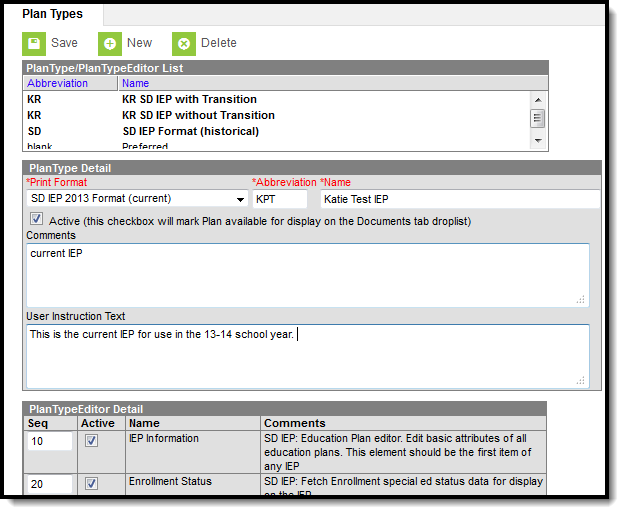 Screenshot of Special Ed Plan Types with detail editors.