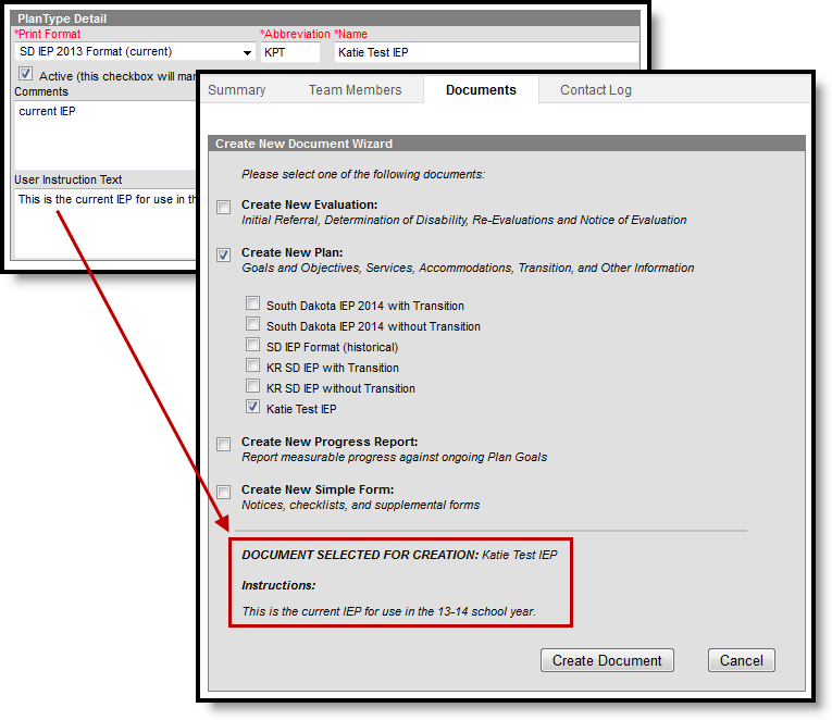 Two-part screenshot displaying User Instruction Text with where the instructions appear when creating a new document.