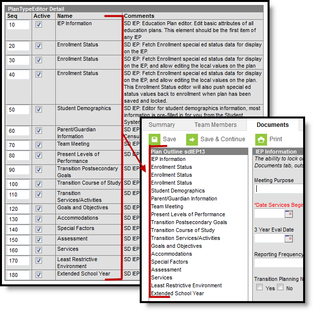 Two-part screenshot displaying plan type editors along with where the editors appear when creating a new document.