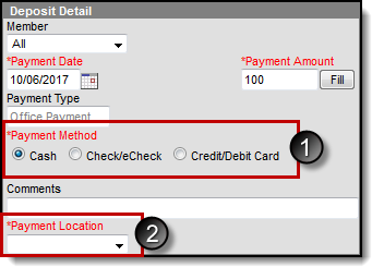 Screenshot of the payment method and payment location
