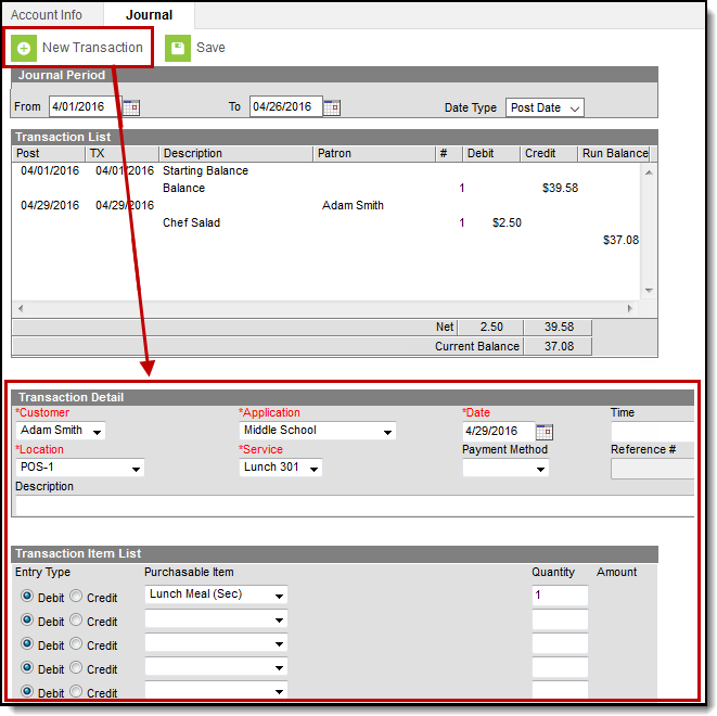 screenshot of the new transaction button and transaction detail fields.