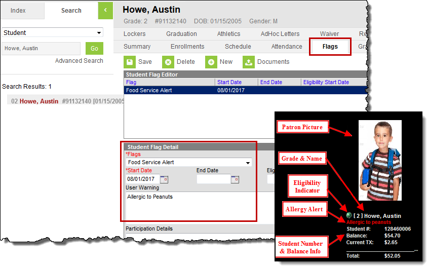 Screenshot of the flags button and student flag detail fields.