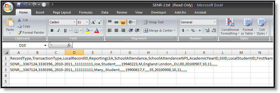 Screenshot of the CSV Format of the SSID Enrollment Extract.