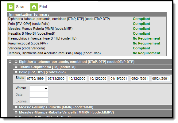 Image of the Immunizations tool