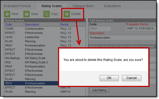 Screenshot of the confirmation message asking if you are sure you want to delete the rating scale.