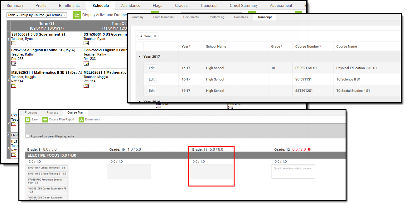 Three-part screenshot showing how a student with a  schedule and no transcript entries cannot have courses added to the plan for the current year. 