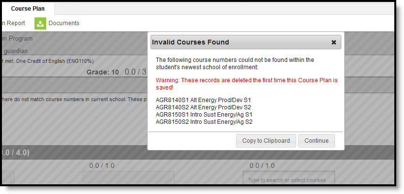 Screenshot showing the Invalid courses popup that displays. 