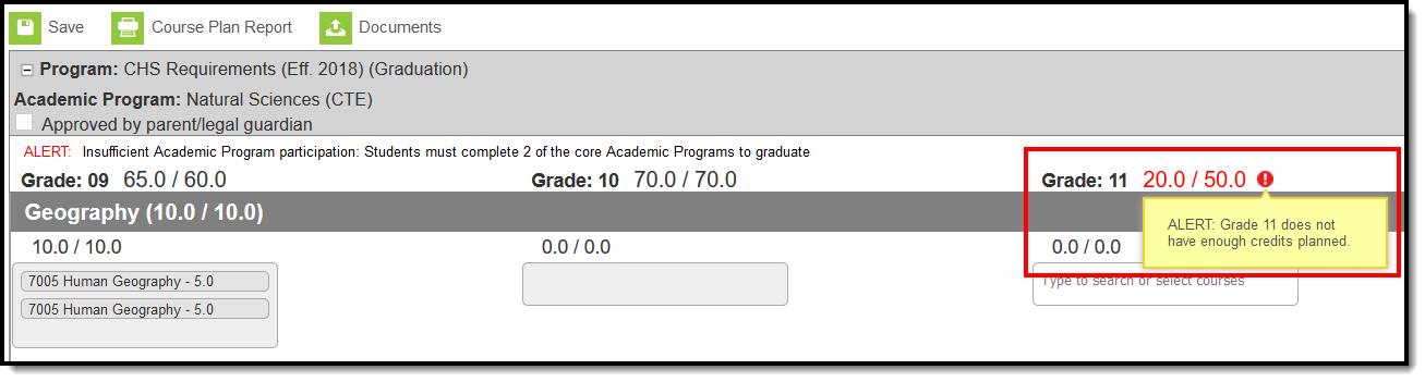 Screenshot highlighting the alert that displays when there aren't enough credits for a grade.
