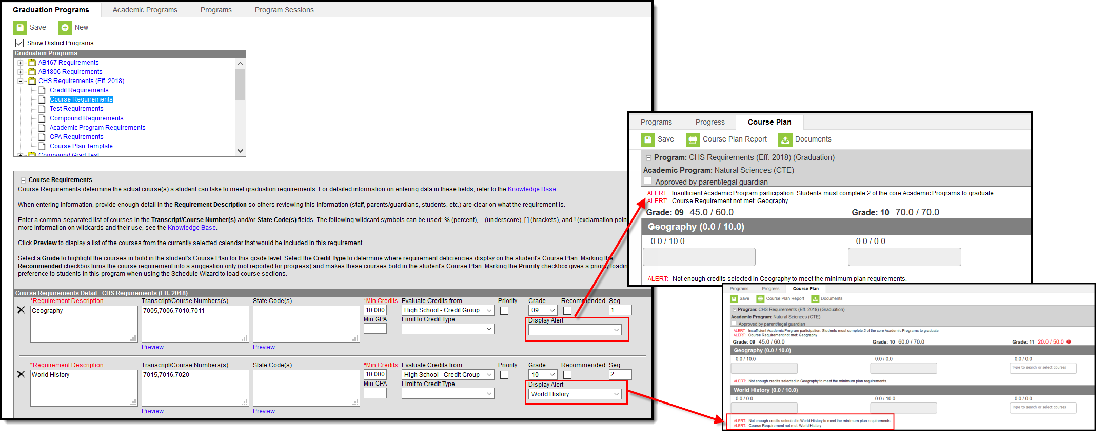Screenshot showing how alerts with and without a credit type display - at the top of the Plan vs in-line with the subject.