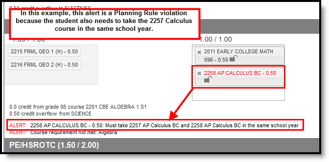 Screenshot showing a Planning Rule violation where a student is required to take two courses in the same year.