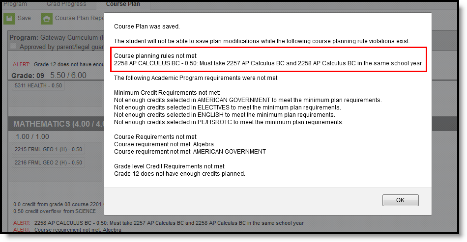 Screenshot of the alert that displays when a course planning rule has not been met. 