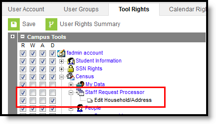 Screenshot showing staff request processor tool rights.