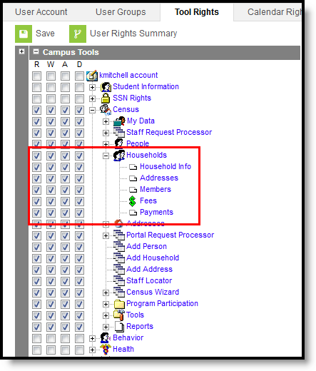 Screenshot showing census household tool rights. 