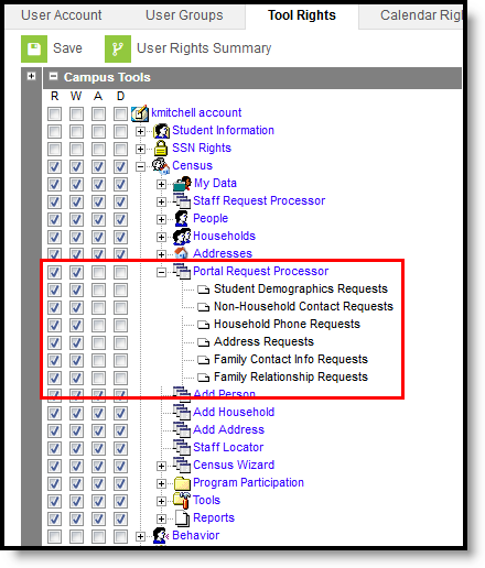 Screenshot of census portal requests processor tool rights. 