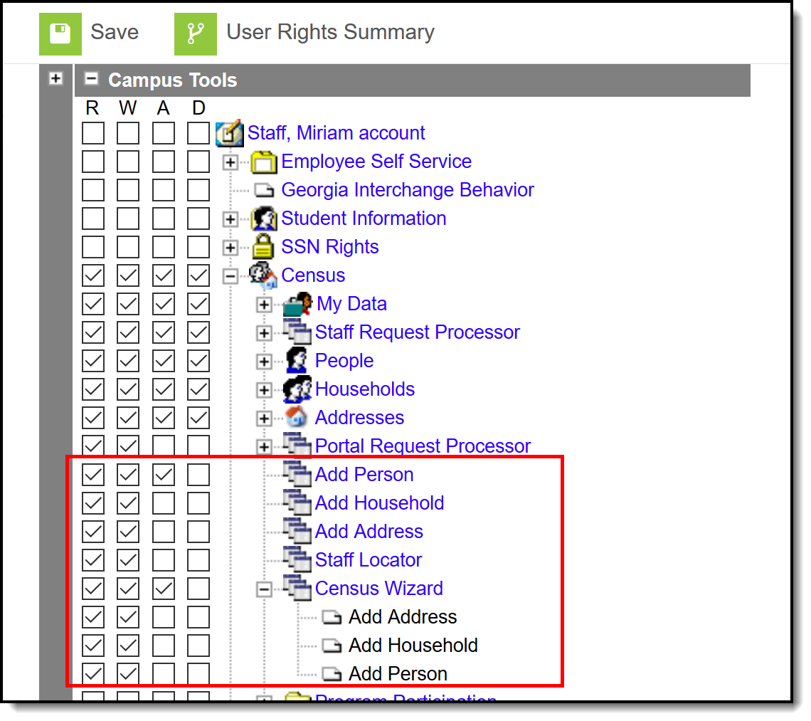 Screenshot of census add wizard tool rights. 
