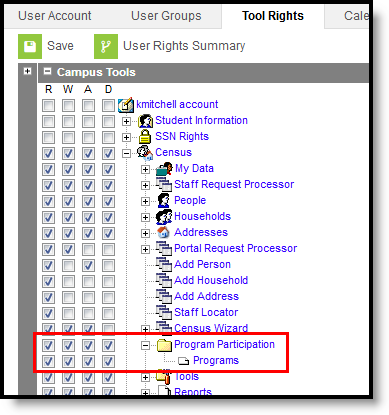 Screenshot of census program participation tool rights. 