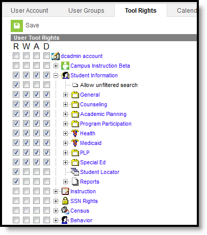 screenshot of the student information tool rights.