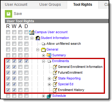 screenshot highlighting the enrollment tool rights.