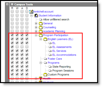 screenshot of the program participation tool rights.