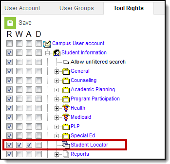 screenshot of the student locator tool rights.