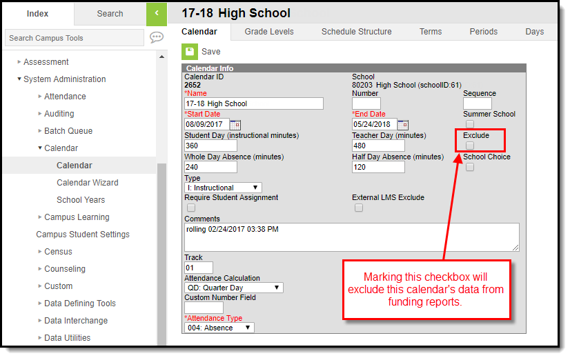 Screenshot of the Calendar tab calling out the Exclude checkbox, which will exclude the calendar’s data from funding reports.