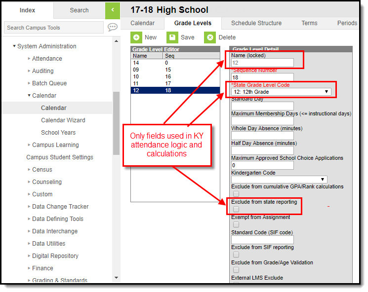 Screenshot of the Grade Levels tab calling out fields only used in KY attendance logic and calculations. 