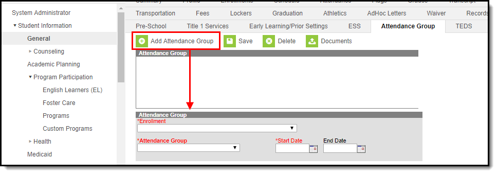 Screenshot of adding an Attendance Group from the Student Attendance Group Tab.