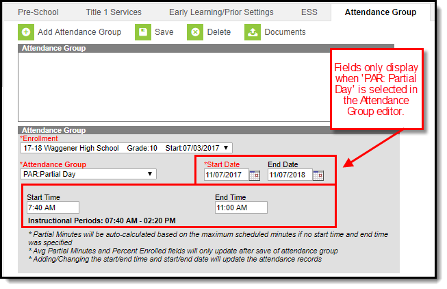 Screenshot of Partial Day Attendance Group calling out fields that only display when Partial Day is selected in the Attendance Group editor.