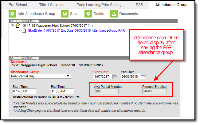 Screenshot of attendance calculation fields that display after saving the Partial Day Attendance Group.