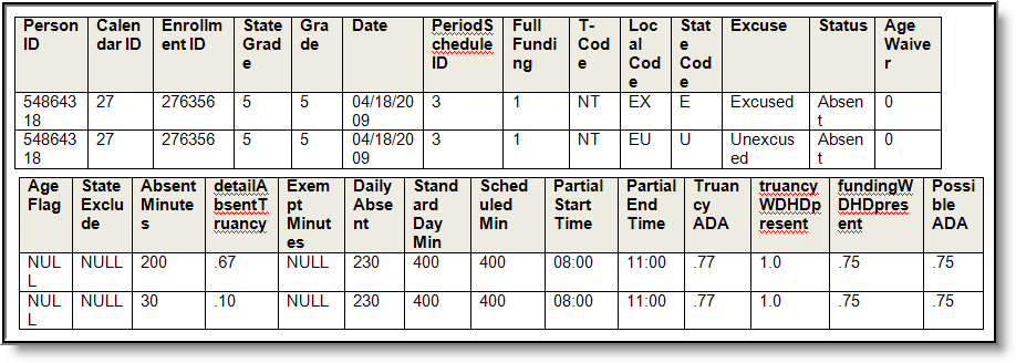 Screenshot of the Summary Table organizing attendance by student, by day, and by local attendance code. 