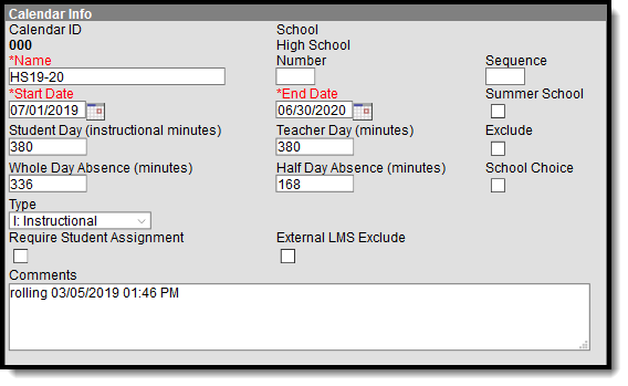Screenshot of the Calendar Information tool. 