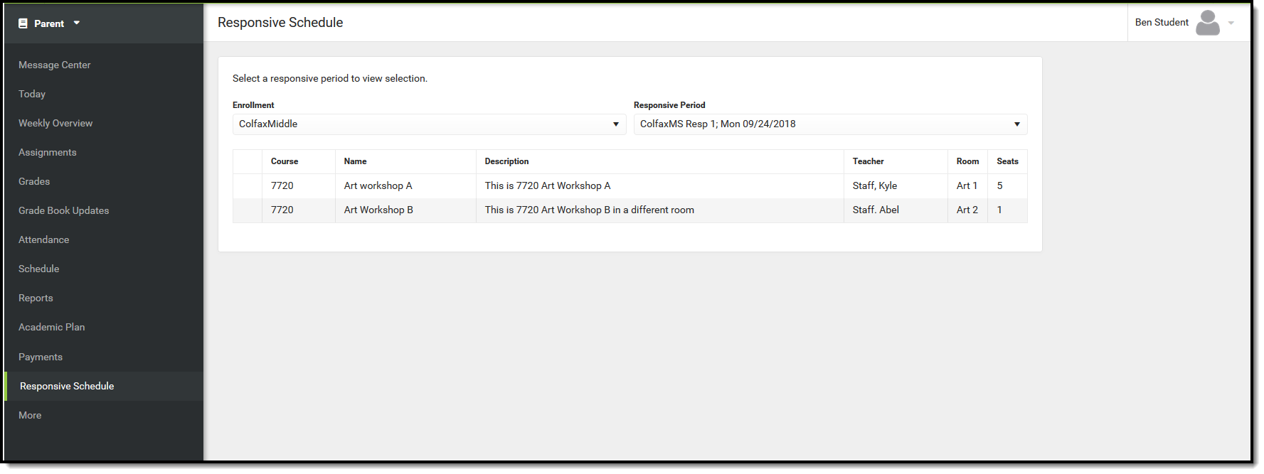 Screenshot of the student request responsive schedule view.