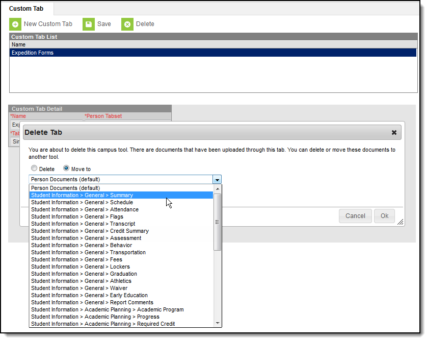 Screenshot of tools to which documents may be moved
