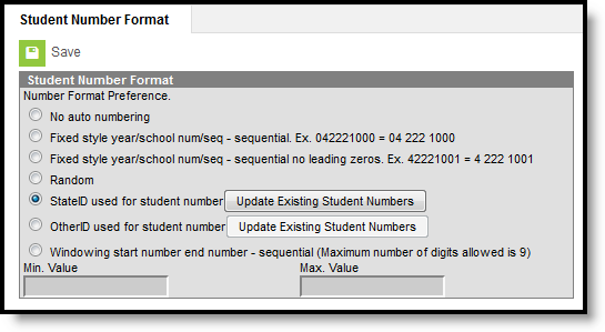 Screenshot of Student Number Format