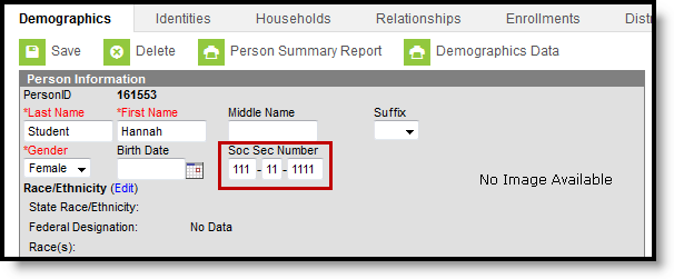 Screenshot of social security number