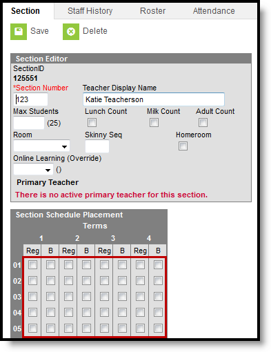 Screenshot of Section Schedule Placement