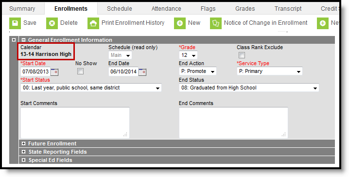 Screenshot of Calendar in Enrollments